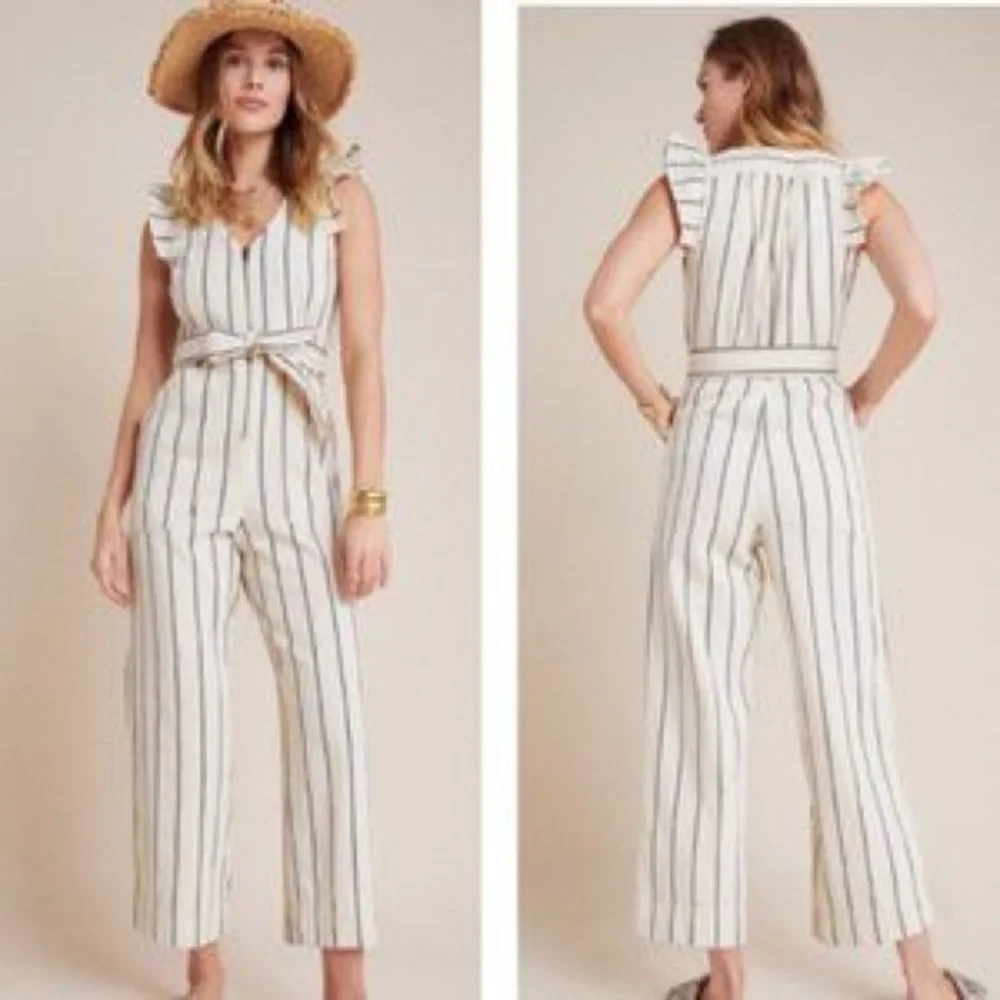 NWT Anthropologie Cream & Blue Striped Jumpsuit Size 4P